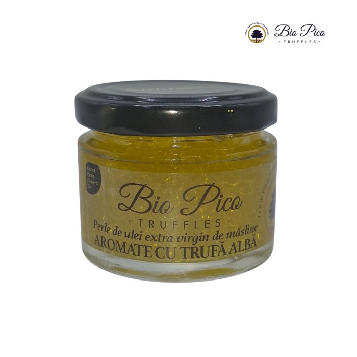 Perles d'huile d'olive extra vierge aromatisées à la truffe blanche (50g)